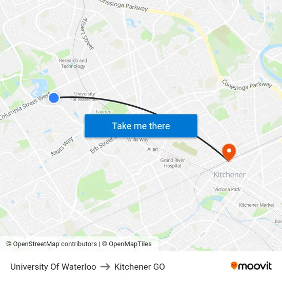 University Of Waterloo to Kitchener GO map