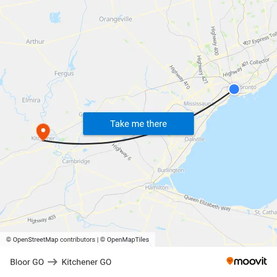 Bloor GO to Kitchener GO map