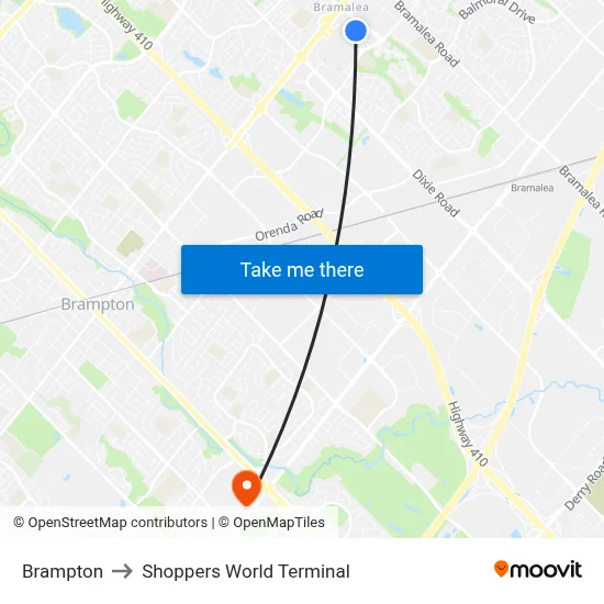 Brampton to Shoppers World Terminal map