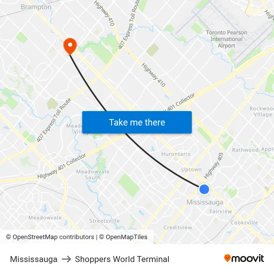 Mississauga to Shoppers World Terminal map