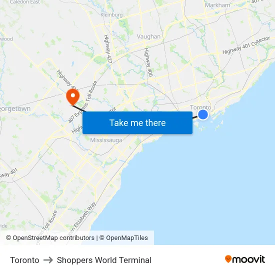 Toronto to Shoppers World Terminal map