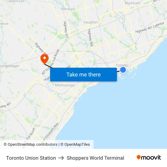 Toronto Union Station to Shoppers World Terminal map