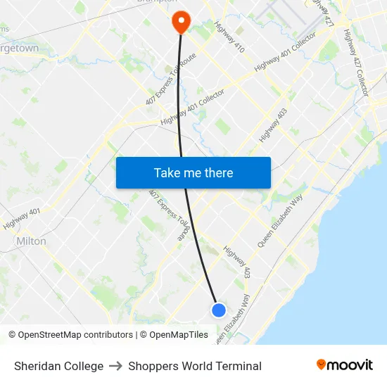 Sheridan College to Shoppers World Terminal map