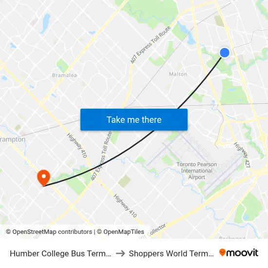 Humber College Bus Terminal to Shoppers World Terminal map