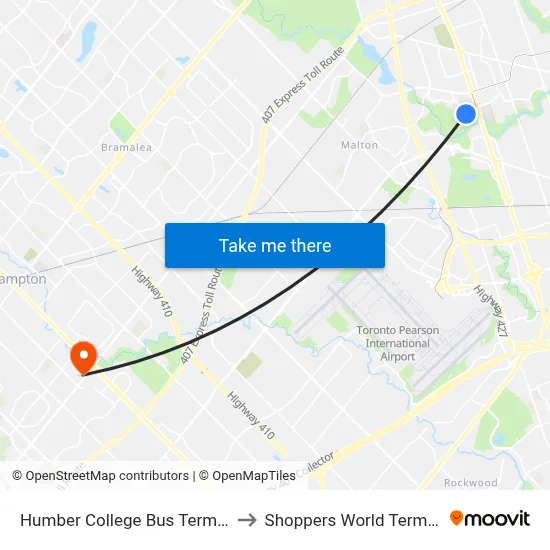 Humber College Bus Terminal to Shoppers World Terminal map