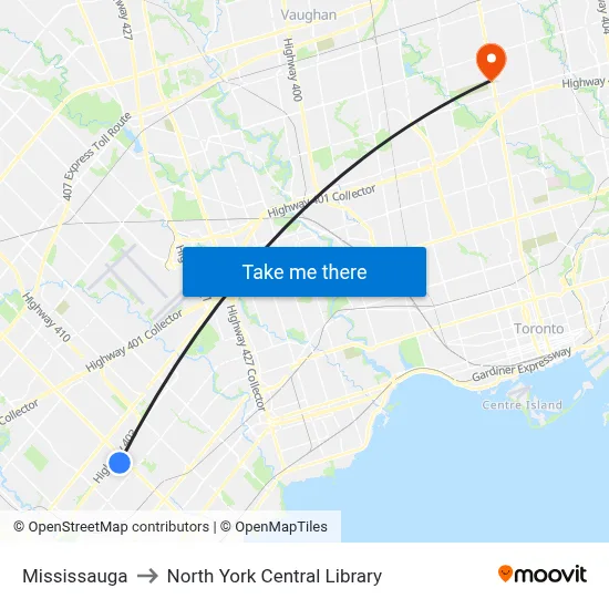 Mississauga to North York Central Library map