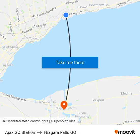 Ajax GO Station to Niagara Falls GO map