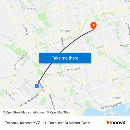 Toronto Airport YYZ to Bathurst St Milner Gate map