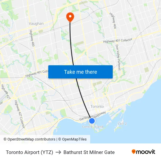 Toronto Airport (YTZ) to Bathurst St Milner Gate map