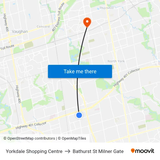 Yorkdale Shopping Centre to Bathurst St Milner Gate map