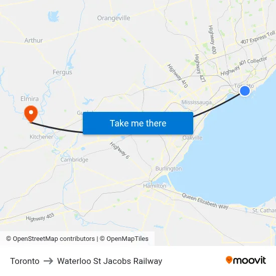 Toronto to Waterloo St Jacobs Railway map