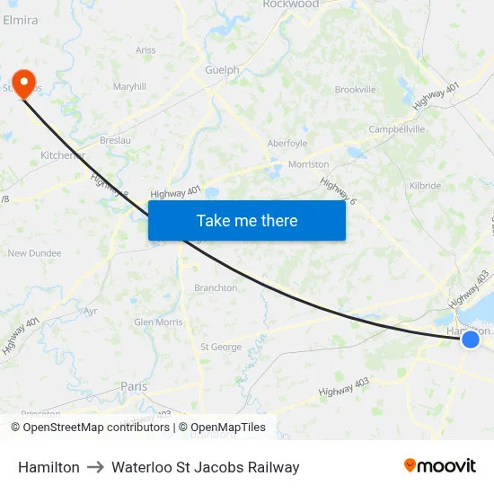 Hamilton to Waterloo St Jacobs Railway map