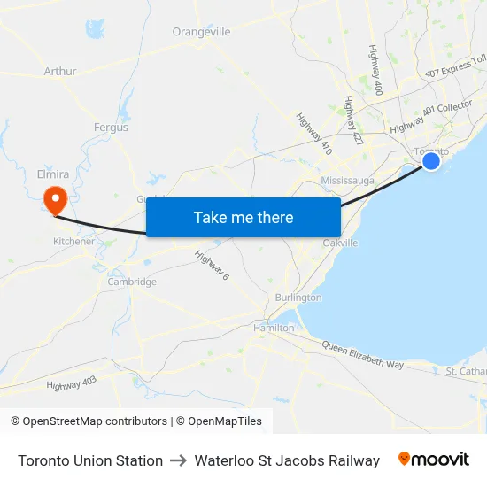 Toronto Union Station to Waterloo St Jacobs Railway map