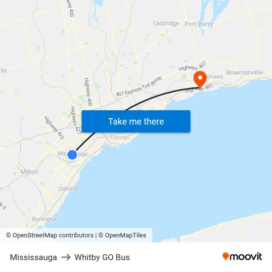 Mississauga to Whitby GO Bus map