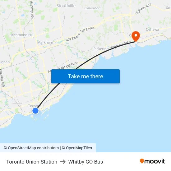 Toronto Union Station to Whitby GO Bus map