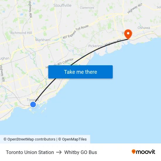 Toronto Union Station to Whitby GO Bus map