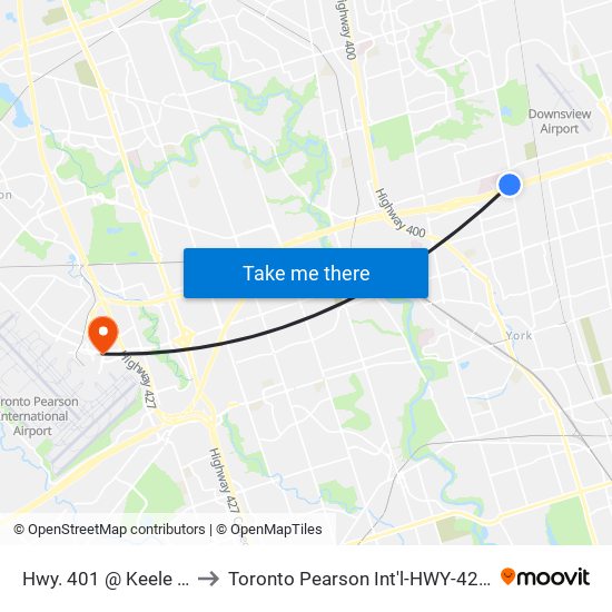 Hwy. 401 @ Keele St. to Toronto Pearson Int'l-HWY-427 N map