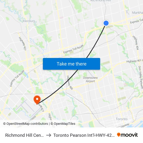 Richmond Hill Centre to Toronto Pearson Int'l-HWY-427 N map