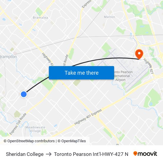 Sheridan College to Toronto Pearson Int'l-HWY-427 N map