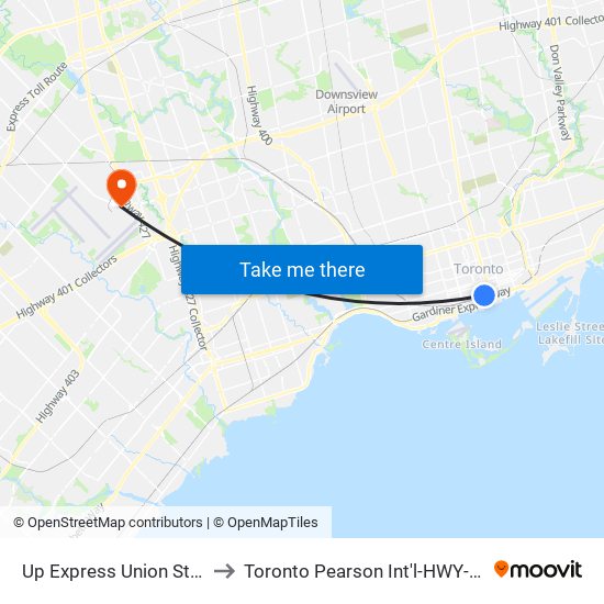 Up Express Union Station to Toronto Pearson Int'l-HWY-427 N map
