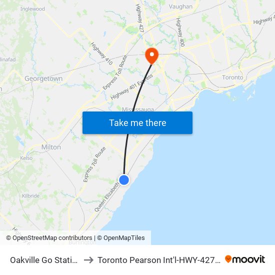 Oakville Go Station to Toronto Pearson Int'l-HWY-427 N map