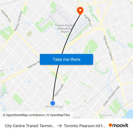 City Centre Transit Terminal Platform A to Toronto Pearson Int'l-HWY-427 N map