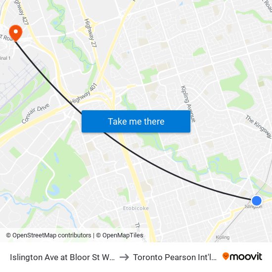 Islington Ave at Bloor St West North Side to Toronto Pearson Int'l-HWY-427 N map