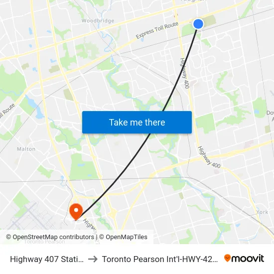 Highway 407 Station to Toronto Pearson Int'l-HWY-427 N map