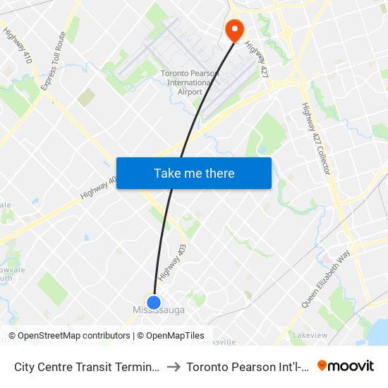 City Centre Transit Terminal Platform K to Toronto Pearson Int'l-HWY-427 N map