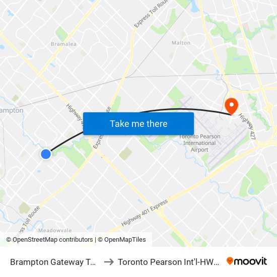 Brampton Gateway Terminal to Toronto Pearson Int'l-HWY-427 N map