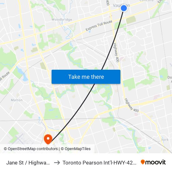 Jane St / Highway 7 to Toronto Pearson Int'l-HWY-427 N map