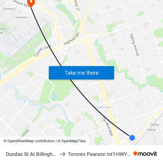 Dundas St At Billingham Rd to Toronto Pearson Int'l-HWY-427 N map