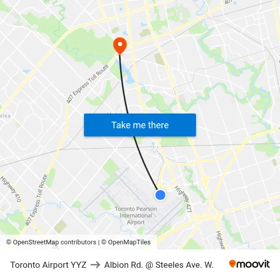 Toronto Airport YYZ to Albion Rd. @ Steeles Ave. W. map