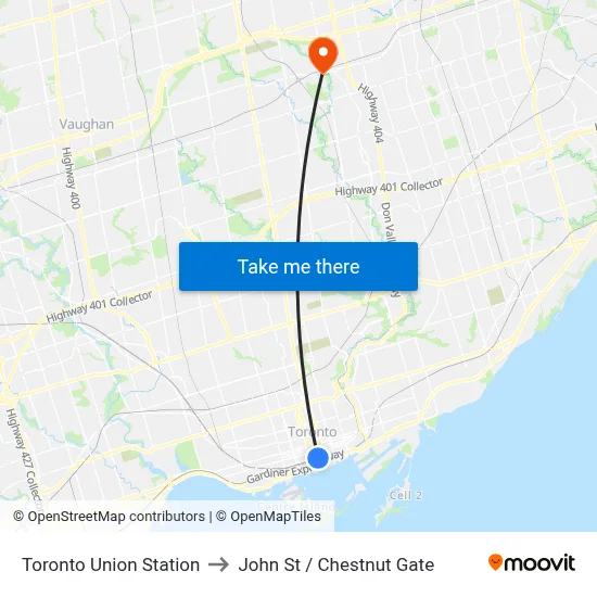 Toronto Union Station to John St / Chestnut Gate map