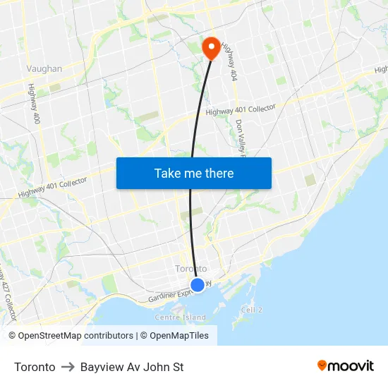 Toronto to Bayview Av John St map