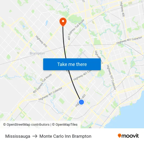 Mississauga to Monte Carlo Inn Brampton map