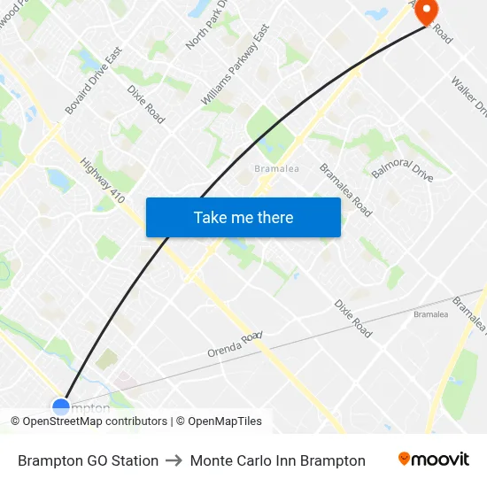 Brampton GO Station to Monte Carlo Inn Brampton map