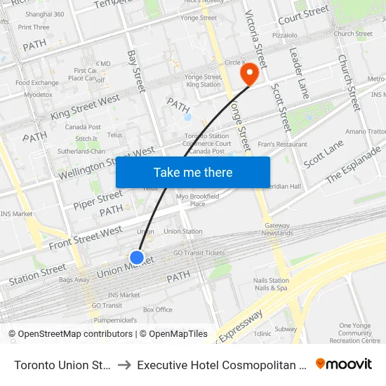 Toronto Union Station to Executive Hotel Cosmopolitan Toronto map