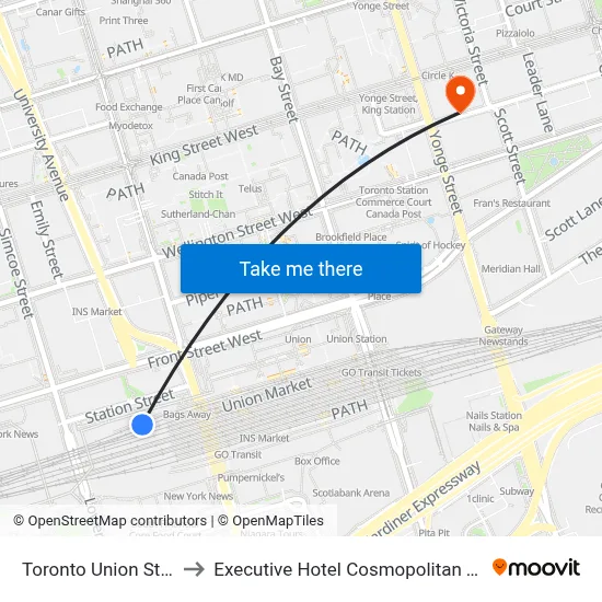Toronto Union Station to Executive Hotel Cosmopolitan Toronto map