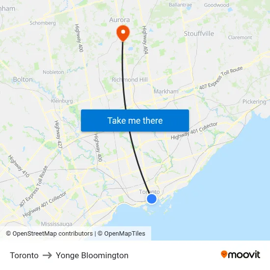 Toronto to Yonge Bloomington map