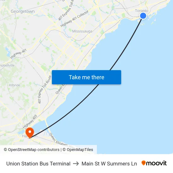 Union Station Bus Terminal to Main St W Summers Ln map