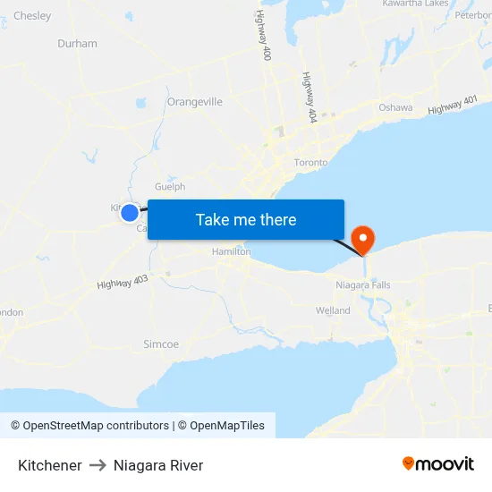 Kitchener to Niagara River map
