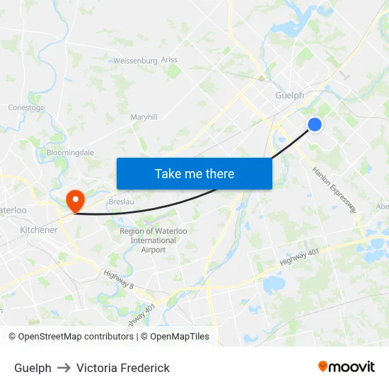 Guelph to Victoria Frederick map
