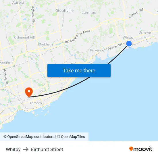 Whitby to Bathurst Street map