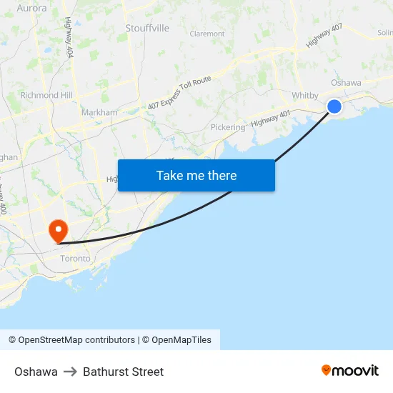 Oshawa to Bathurst Street map