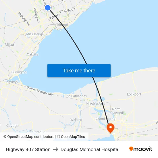 Highway 407 Station to Douglas Memorial Hospital map
