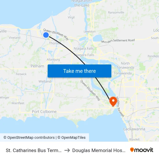 St. Catharines Bus Terminal to Douglas Memorial Hospital map