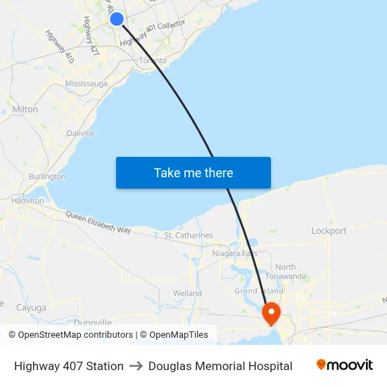 Highway 407 Station to Douglas Memorial Hospital map