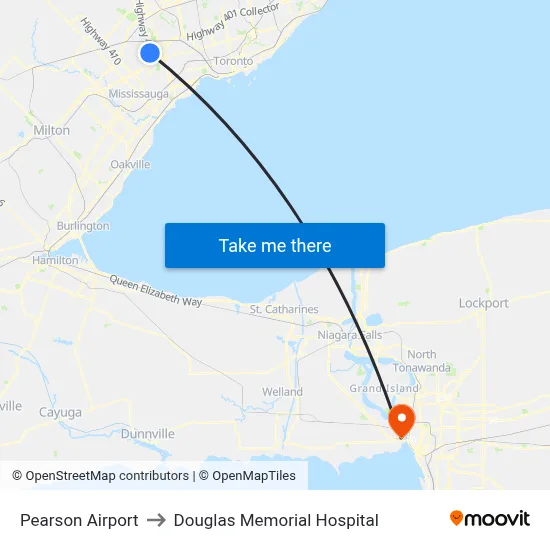 Pearson Airport to Douglas Memorial Hospital map