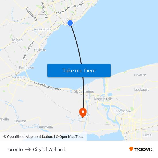Toronto to City of Welland map
